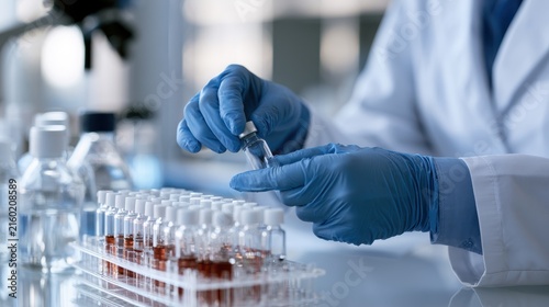 Professional Scientist in Lab Coat Using Gloves to Handle Glass Vial among Laboratory Equipment and Sample Bottles in Modern Research Facility