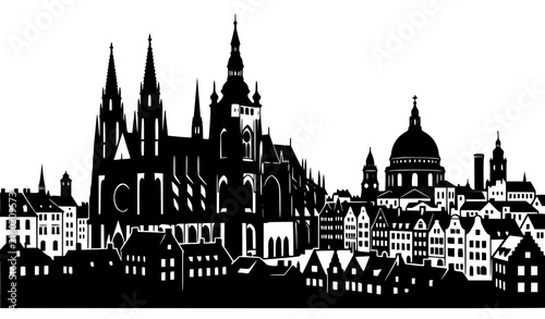Historic Gothic church cathedral city buildings dome skyline black silhouette vector