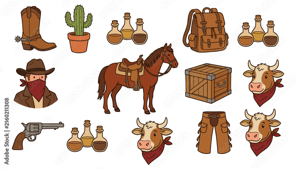 Fototapeta premium Wild West cowboy vector element set featuring horse saddle bandit character cattle cow heads boots gun and desert gear