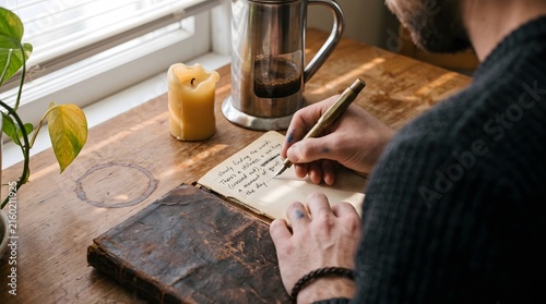 Close up hand journaling with brass fountain pen at dawn beside dented French press, mindful morning ritual