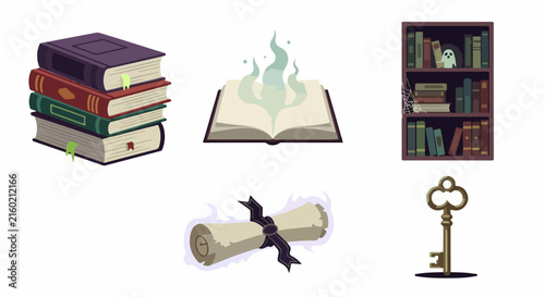 Set of spooky halloween magic books and antique key