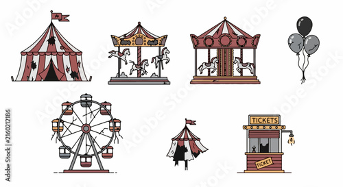 Spooky Abandoned Halloween Carnival Fairground Attraction Icons Set
