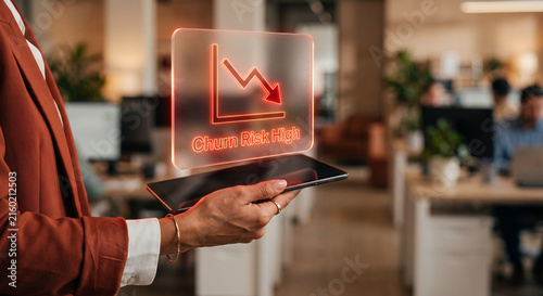 Customer success manager hand holding tablet with holographic AI customer churn risk prediction alert interface, digital retention analytics concept in corporate office