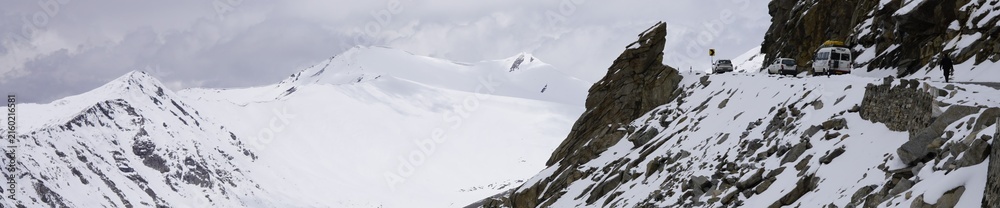 Fototapeta premium Khardungla pass road with snow view in Ladakh, India