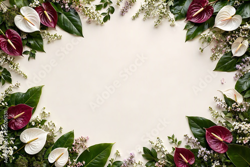 Floral frame made of white and burgundy anthurium flowers, green leaves, and small blossoms with empty space in the center