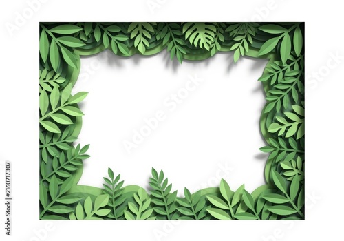 Green leaf frame made of paper cut out with white background for copy space. Tropical jungle foliage border for creative design. Eco friendly branding template for botanical content.