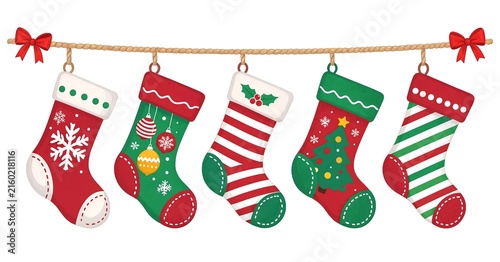 Christmas Stockings Hanging on Garland with Festive Patterns