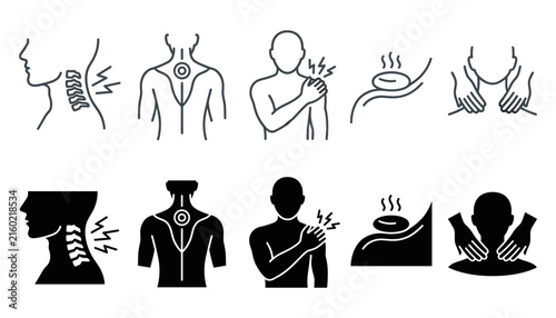 Neck and Back Pain Muscle Ache Injury Symptoms and Spa Massage Therapy Vector Icon Set with Hot Stones, Cervical Spine, and Shoulder Relief Symbols