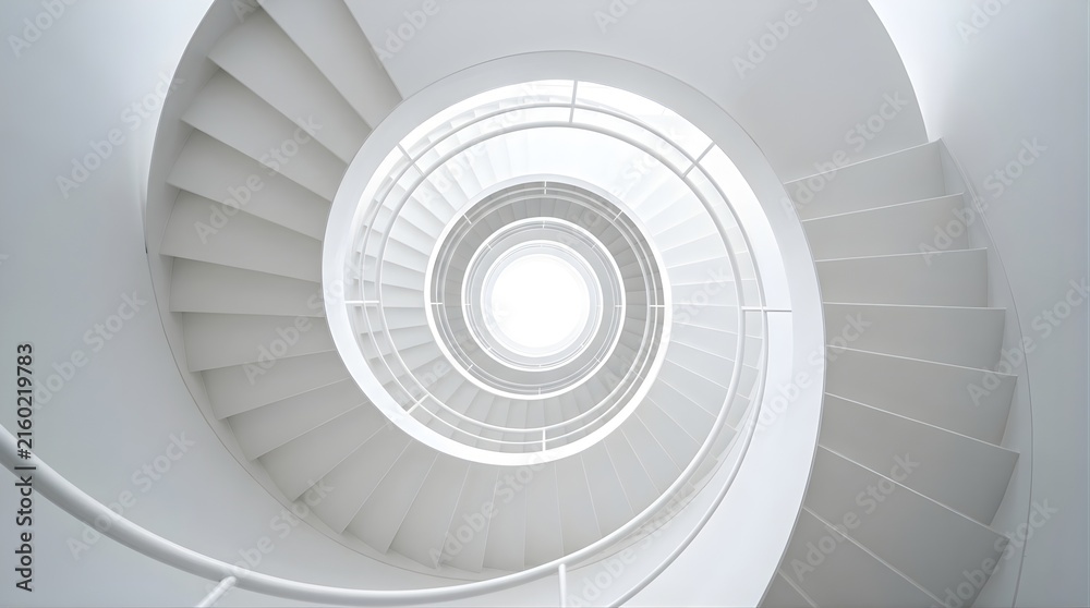 Fototapeta premium Abstract spiral staircase seen from above in a modern white building interior
