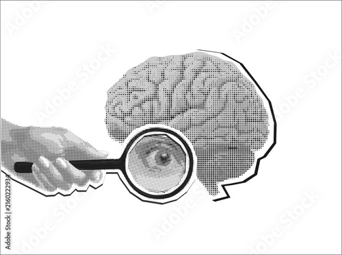 Collage element of a hand holding a magnifying glass with an eye inside exploring a human brain, halftone newspaper style on transparent background, research concept, hand drawn illustration