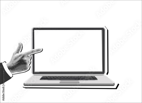 Collage element of a hand pointing at a laptop screen, halftone newspaper style on transparent background, presentation and attention concept, hand drawn illustration