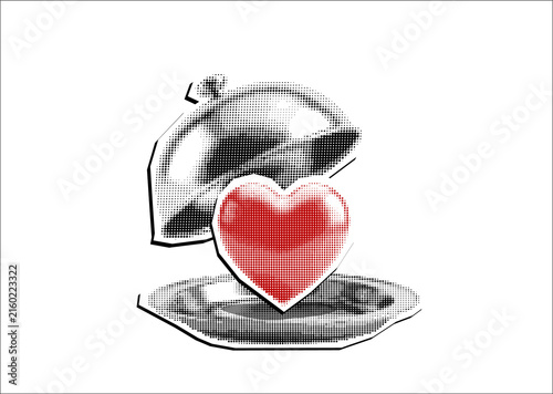 Collage element of a serving dish with open lid and a heart inside, halftone newspaper style on transparent background, surprise gift of love concept, hand drawn illustration