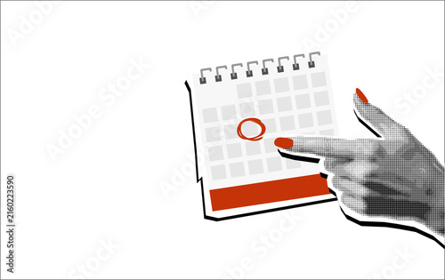 Collage element of a hand pointing at a calendar with a red circled date, halftone newspaper style on transparent background, important date concept, hand drawn illustration