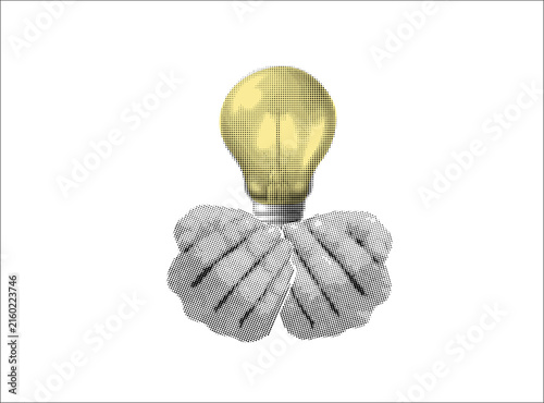 Collage element of two hands gently holding a light bulb in palms, halftone newspaper style on transparent background, care for ideas concept, hand drawn illustration