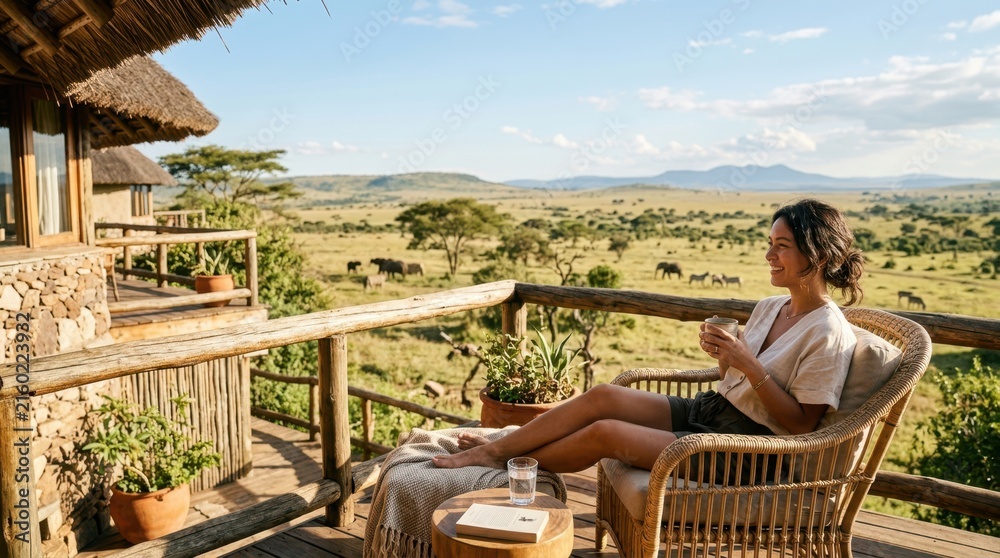 Fototapeta premium Woman enjoying coffee on safari lodge balcony with elephants in the distance