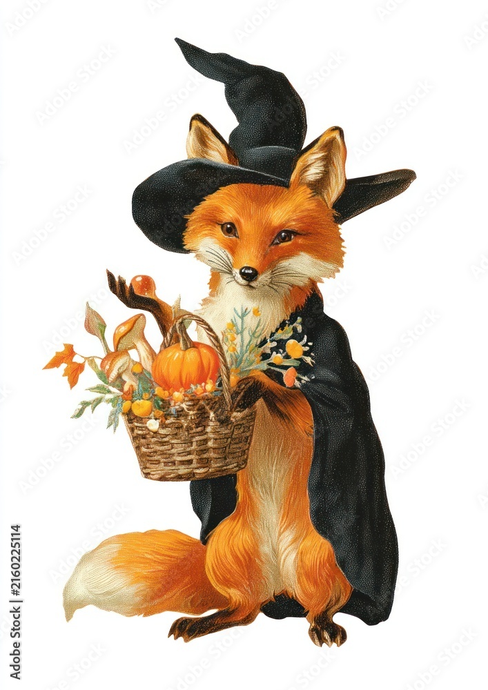 Naklejka premium Cute fox in witch hat holding autumn harvest basket