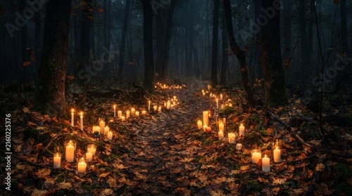 Candlelit Trail in Dark Foggy Forest