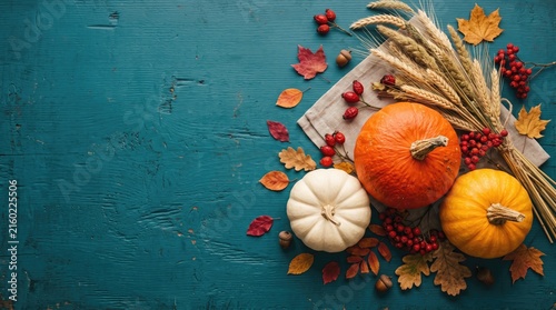 Top view of pumpkins and colorful autumn leaves with wheat stalks on a rustic dark blue wooden background