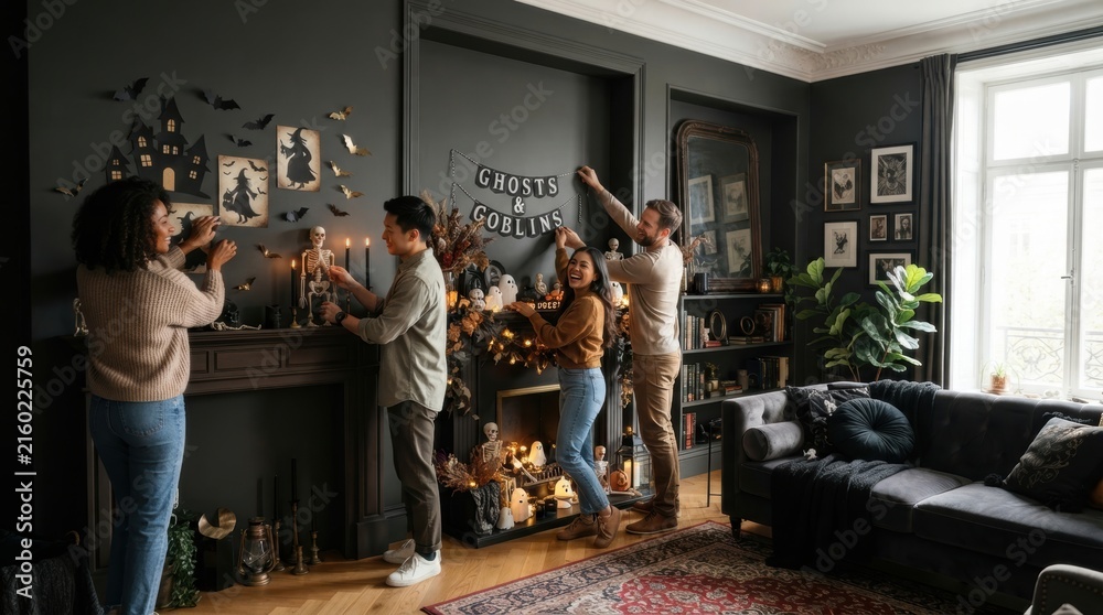 Obraz premium Friends decorating a living room for Halloween with spooky ornaments and lights