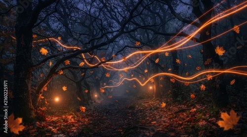 Magical Light Trails in Dark Forest Path