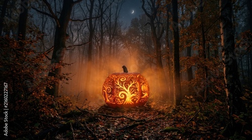 Single Jack O Lantern in Foggy Woods