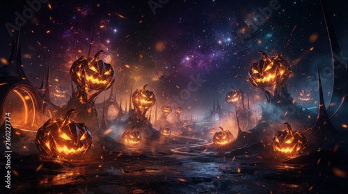 Spooky Town Street Lit by Jack O Lanterns