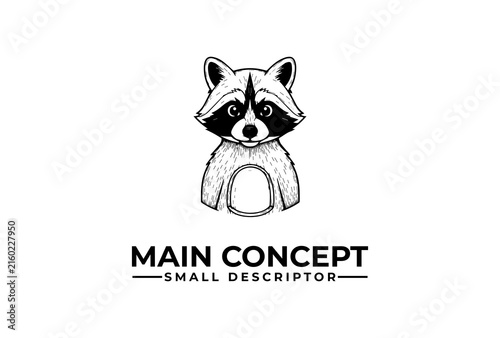 Raccoon mascot sitting in a cute front pose is illustrated for a modern logo badge.