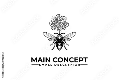 Bee mascot featuring complex gears in a thought bubble is drawn as a logo emblem.