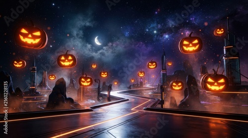 Cyberpunk Street Decorated with Glowing Pumpkins