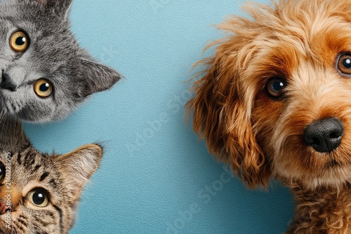 Cute dogs and cats peeking from corners on blue background template, Vector illustration of funny cats and dogs peeking from edges with copy space on light blue background for pet care frame.
