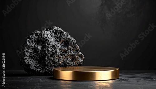 Rough black lava stone next to a smooth polished brass metal plate