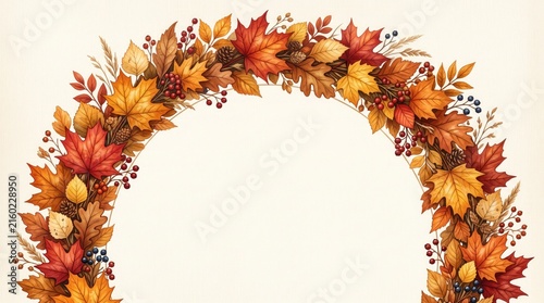 Beautiful decorative arch made of colorful autumn leaves and berries isolated on a plain white background