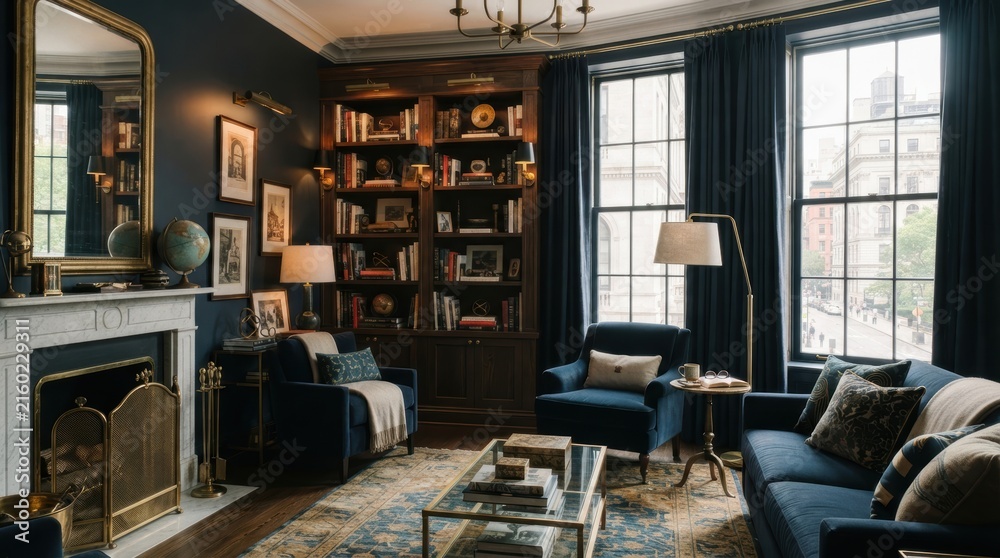 Fototapeta premium Elegant living room with dark blue furniture and a large bookshelf