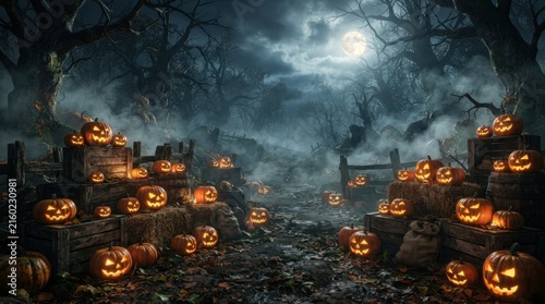 Carved Jack O Lanterns in Spooky Graveyard