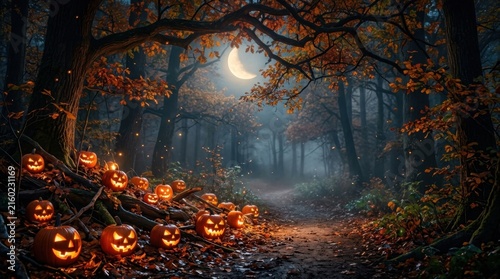 Spooky Forest Trail Lit by Jack O Lanterns