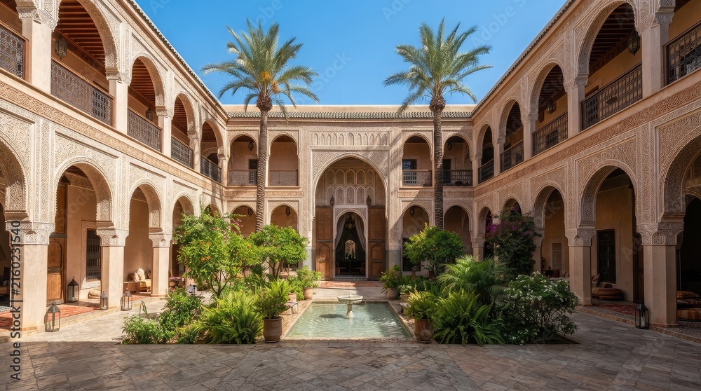 Obraz premium Beautiful courtyard of an ancient historic building with stone arches palm trees and a central fountain