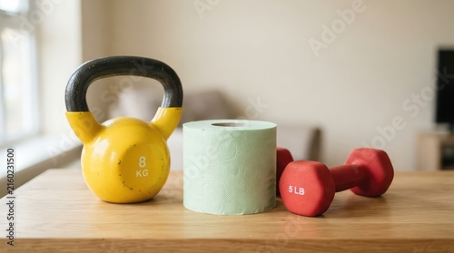 A yellow kettlebell and a red dumbbell sitting on a wooden table next to toilet paper rolls