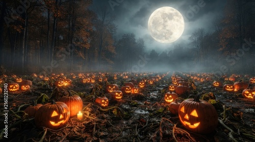Carved Jack O Lantern Field at Night