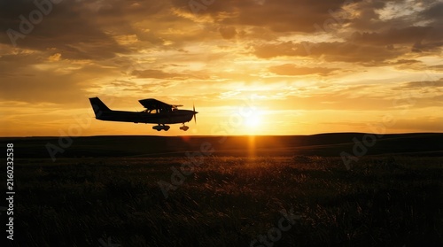 Small airplane silhouetted against a vibrant sunset over a dark landscape