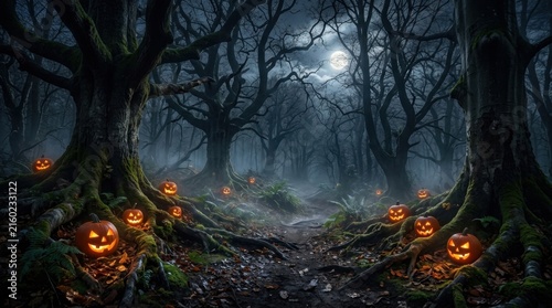 Ancient Tree Roots and Carved Pumpkins in Fog