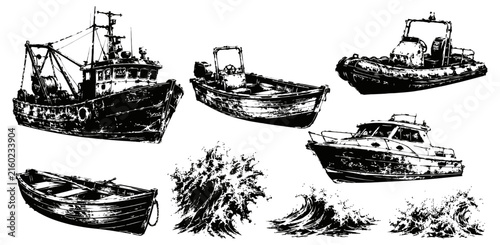 Various boats and ocean waves black ink sketch fishing boat, rowboat, tugboat, yacht, water splashes detailed hand drawing