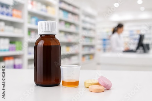 Botella de jarabe y pastillas en una farmacia durante el día
