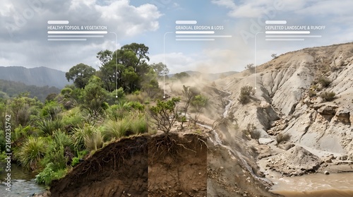 Environmental degradation infographic showing landscape transition from healthy topsoil to gradual erosion and depleted runoff