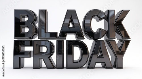 Glossy Black Friday Text 3D Rendered Metallic Letters on White Background