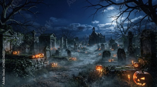 Old Graveyard Lit by Jack O Lanterns