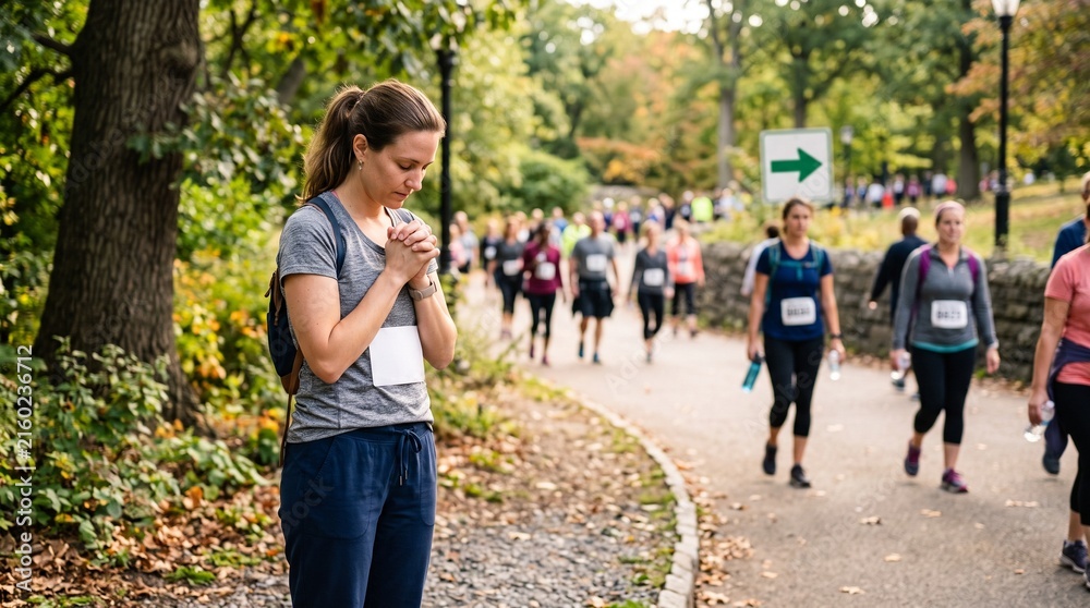 Obraz premium Woman praying for strength before a race in a park with other runners in the background