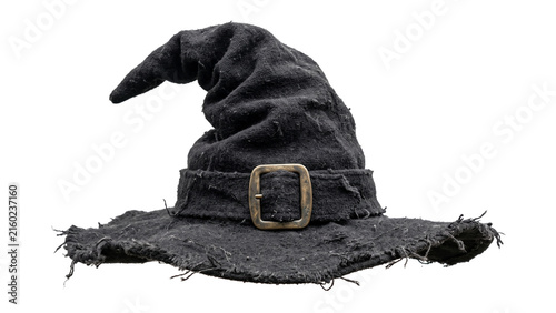 Fotografie A crumpled black fabric witch hat with a worn silver buckle, often used for hall