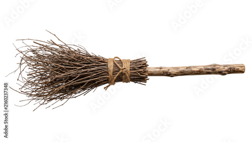Fotografie Rustic wooden witch broomstick made of twigs and branches on transparent backgro