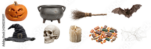 Фотография Spooky halloween icon collection featuring jack o lantern pumpkin skull witch hat cauldron broomstick candle bat candy and spiderwebs for holiday graphic design