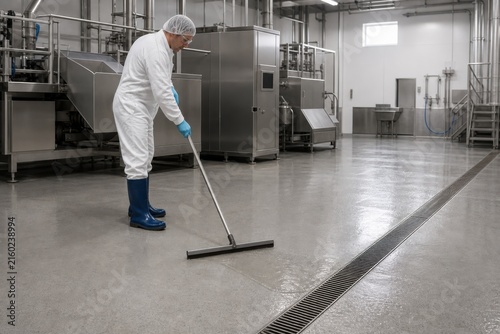 Worker cleaning floor with squeegee in food factory